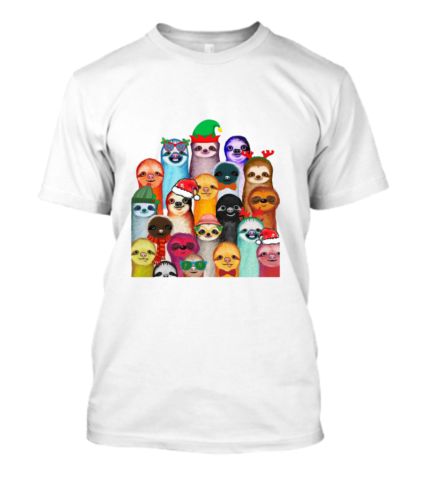Christmas Sloths Wearing Festive Accessories And Colorful Hats T-Shirt