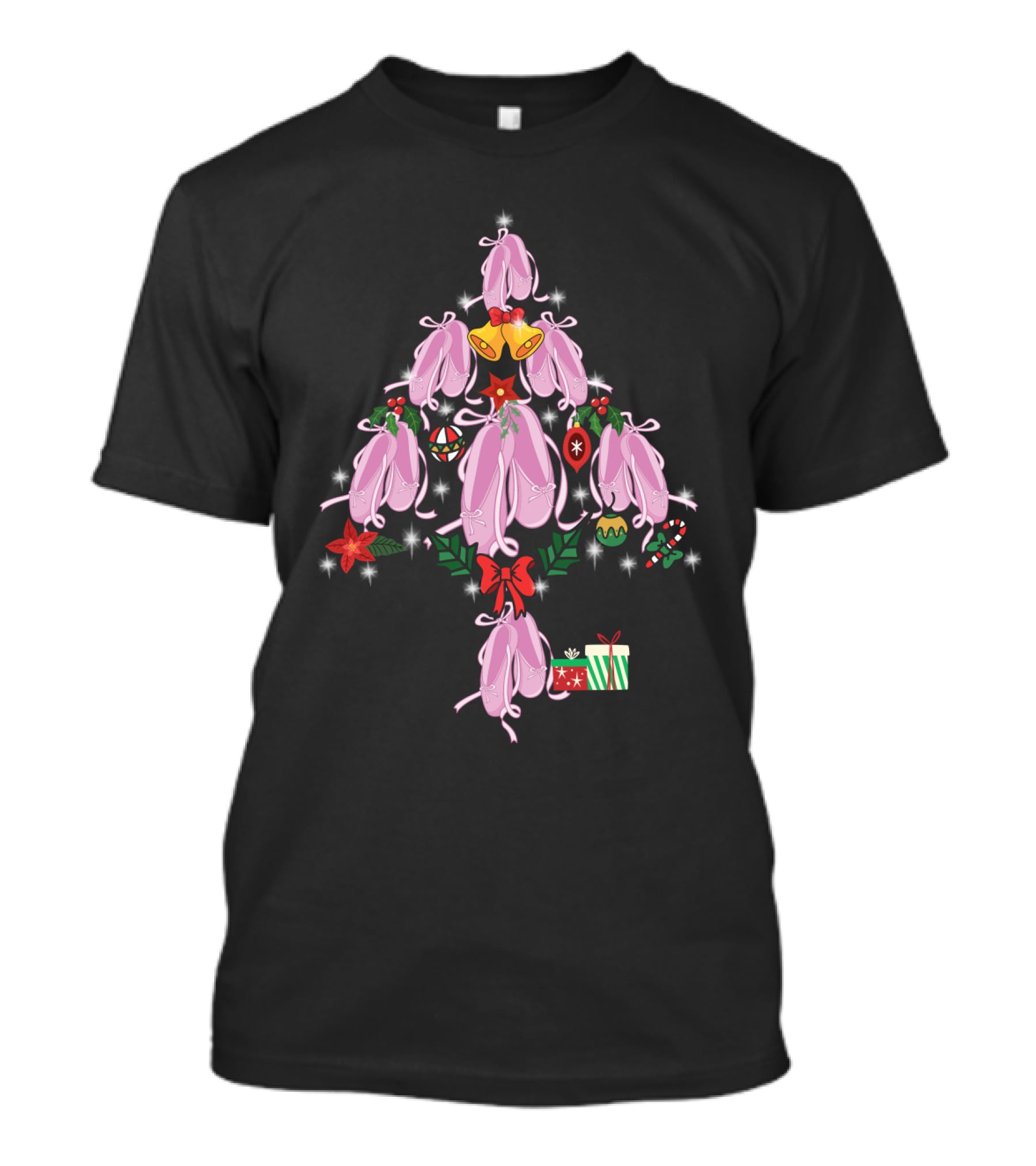 Pointe Shoes Shaped As Christmas Tree With Bells, Ornaments, And Gifts T-Shirt
