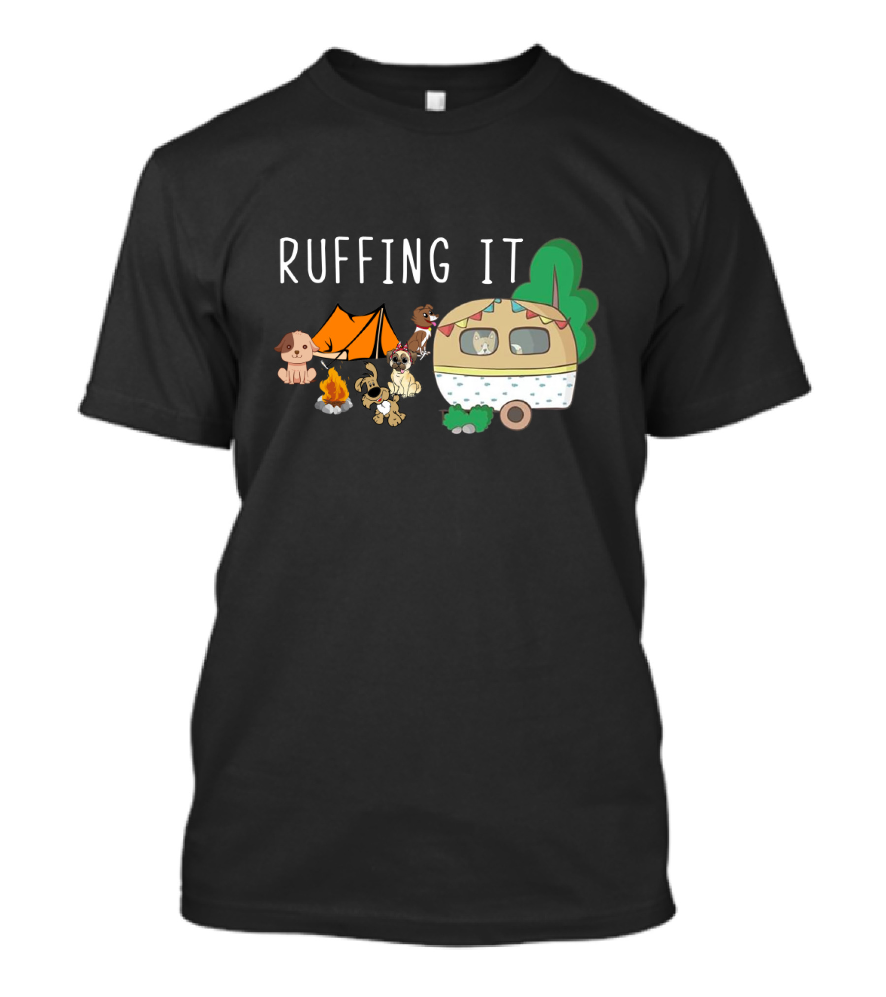 Ruffing It Camping With Dogs Tent Campfire And Caravan T-Shirt