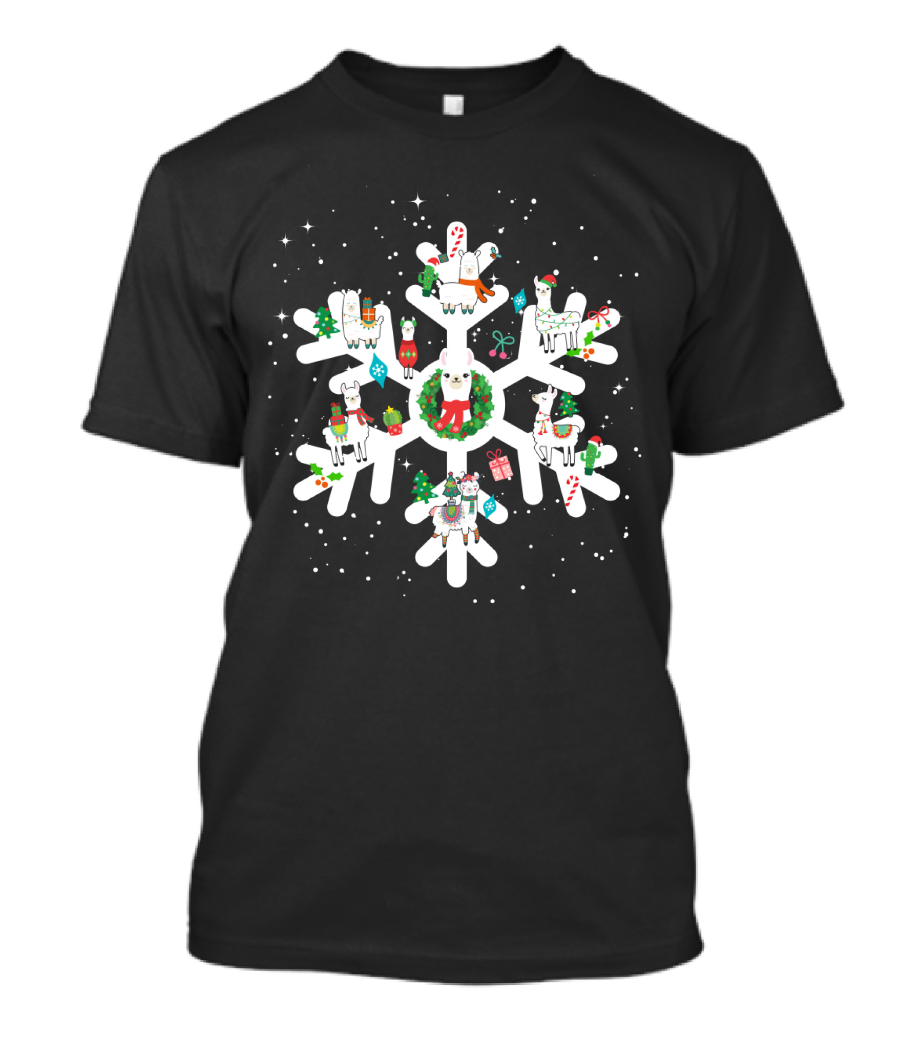 Llamas With Christmas Decorations On Large Snowflake T-Shirt