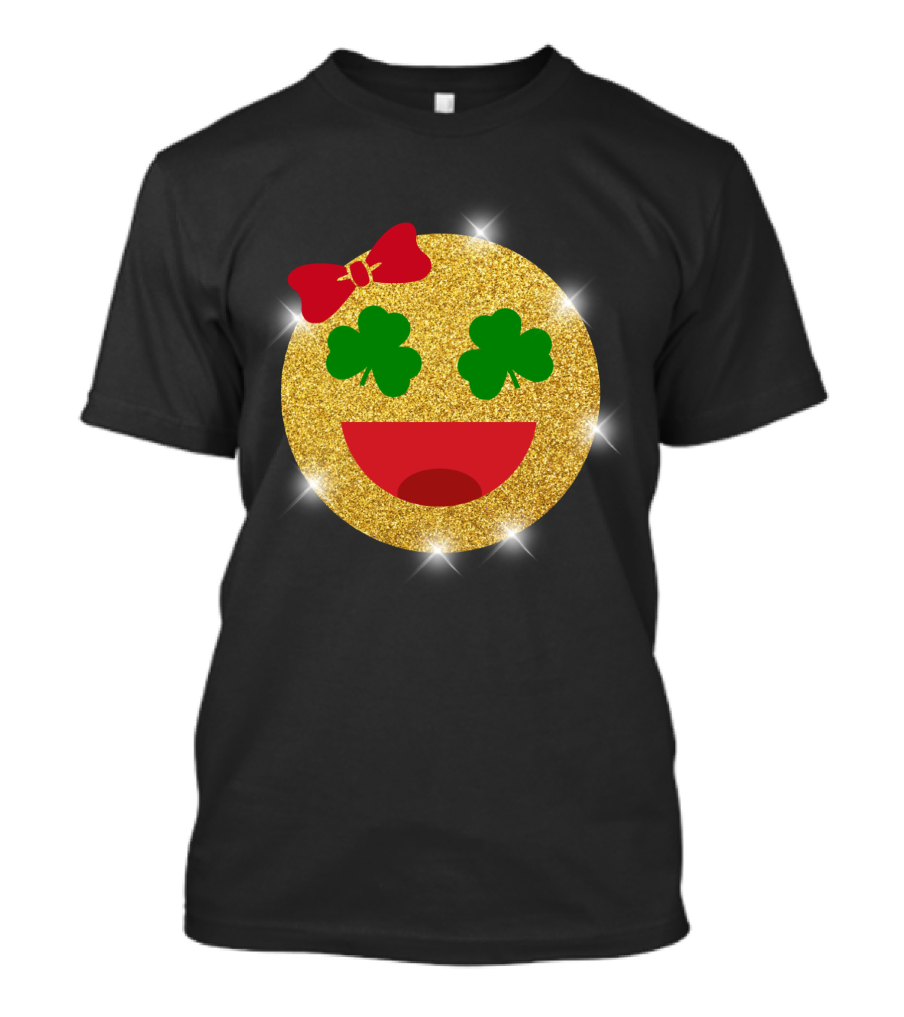St Patrick's Day Glitter Shamrock Emoji Bow Smiley T-Shirt