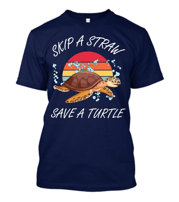 Skip A Straw Save A Turtle Retro Sunset Ocean T-Shirt