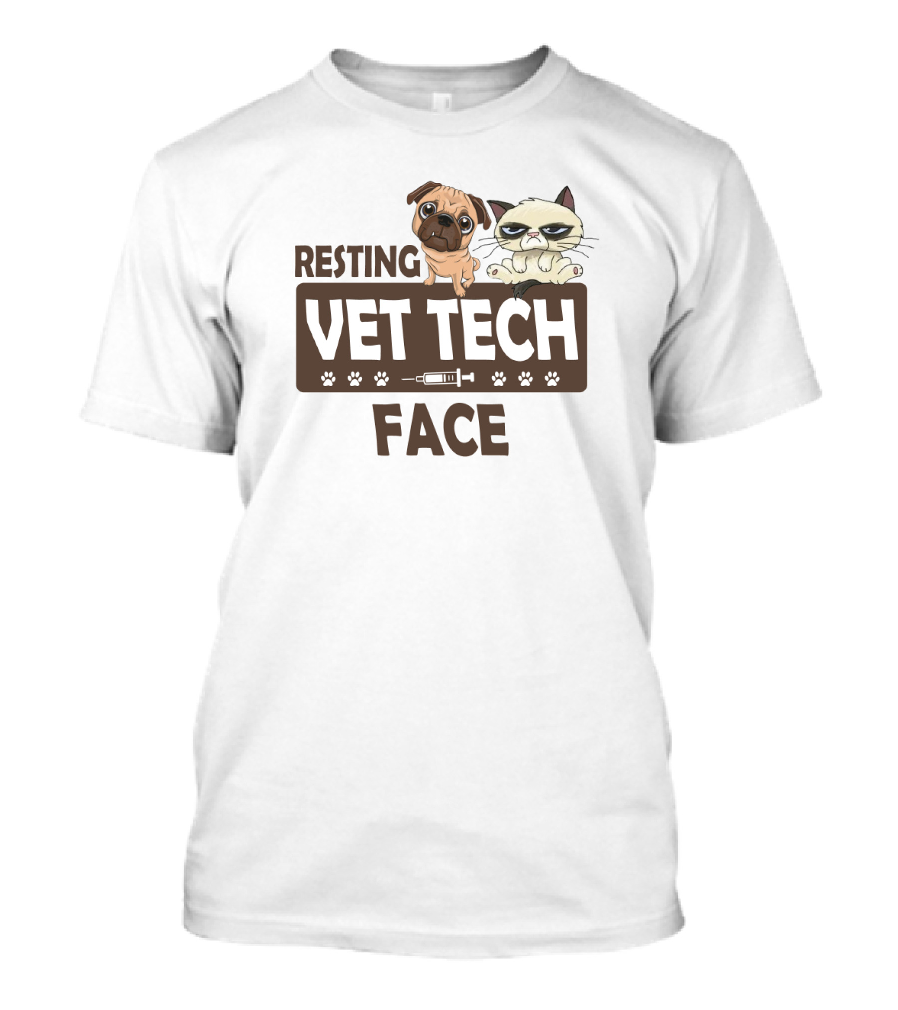 Resting Vet Tech Face Pug Cat Paw Syringe T-Shirt