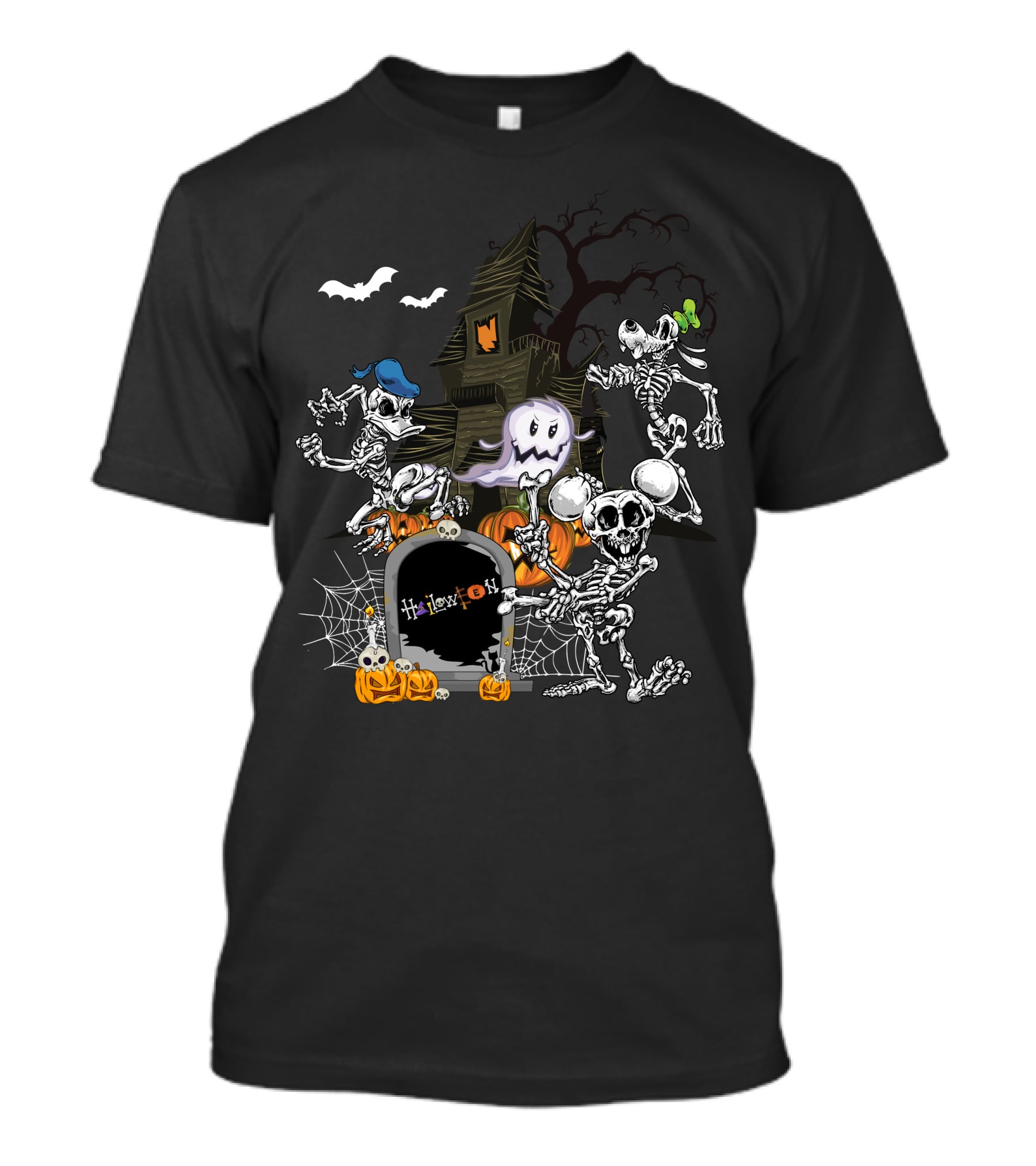 Haunted House Skeleton Dance With Ghost Webs Pumpkins And Bats Halloween T-Shirt