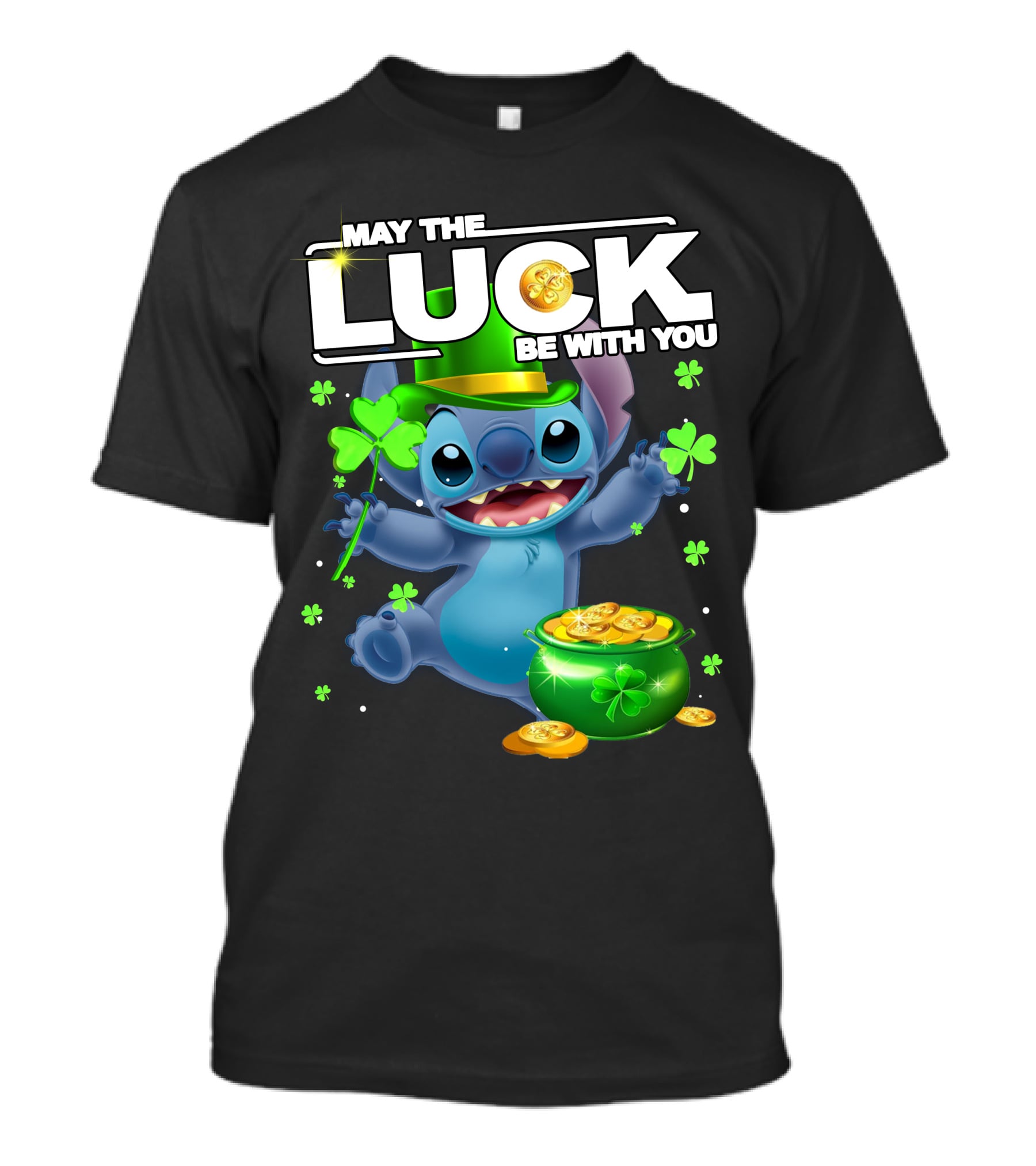 May The Luck Be With You Stitch Pot Of Gold Shamrocks T-Shirt