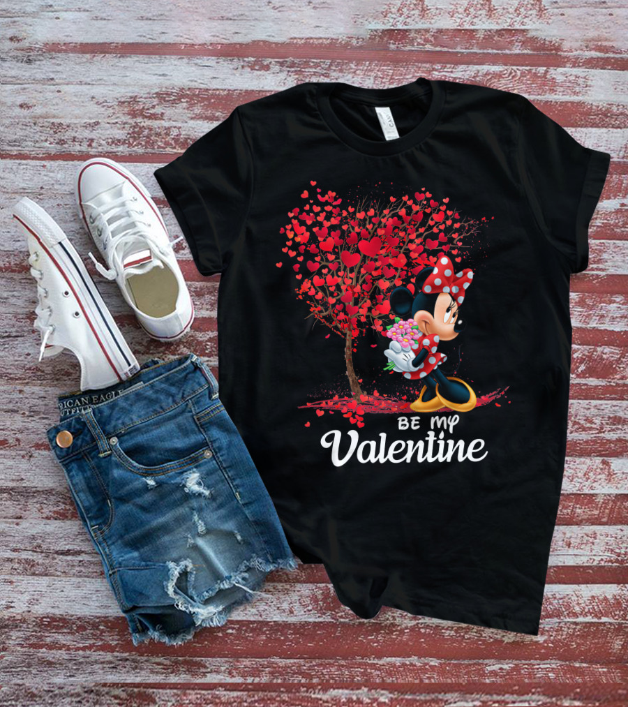 Be My Valentine Minnie With Heart Tree And Flowers T-Shirt