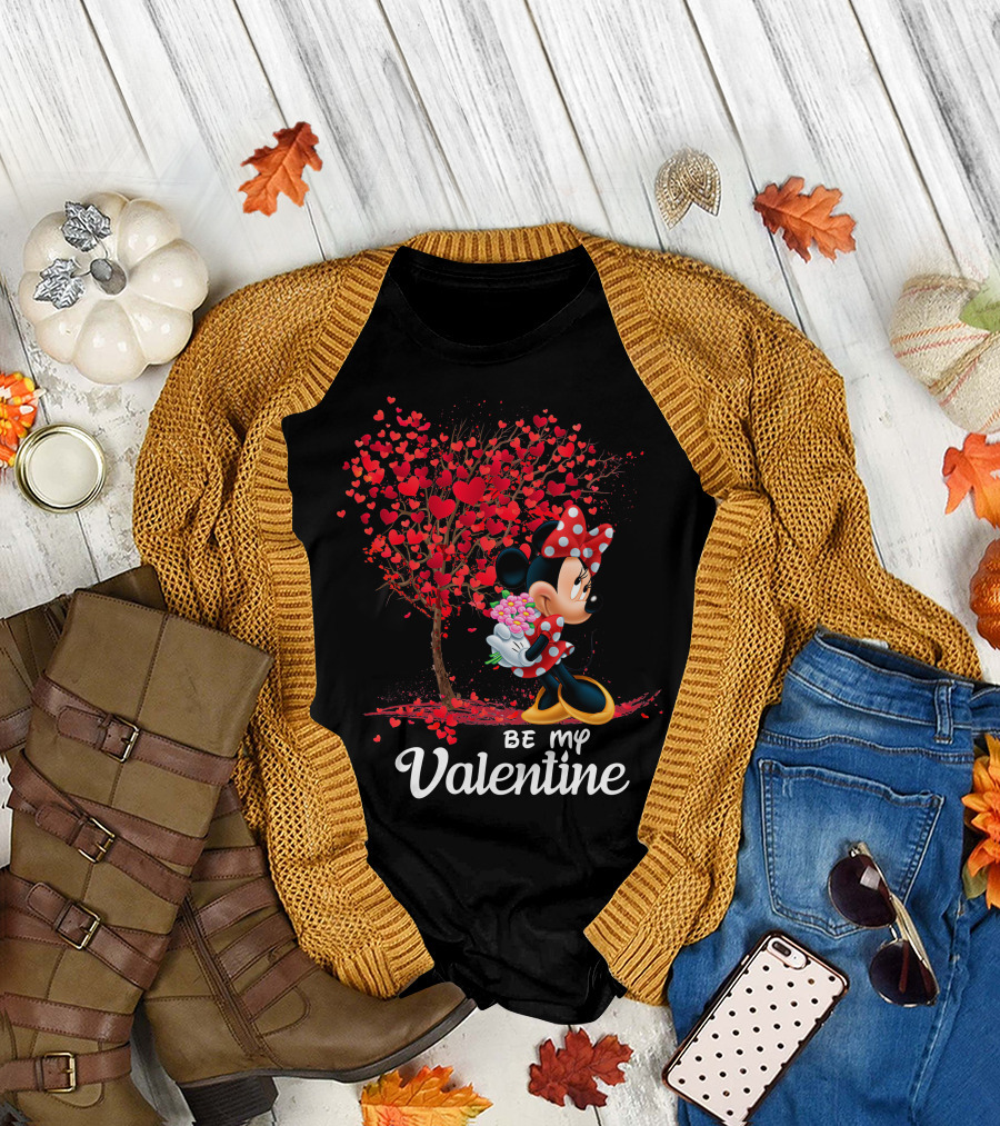 Be My Valentine Minnie With Heart Tree And Flowers T-Shirt