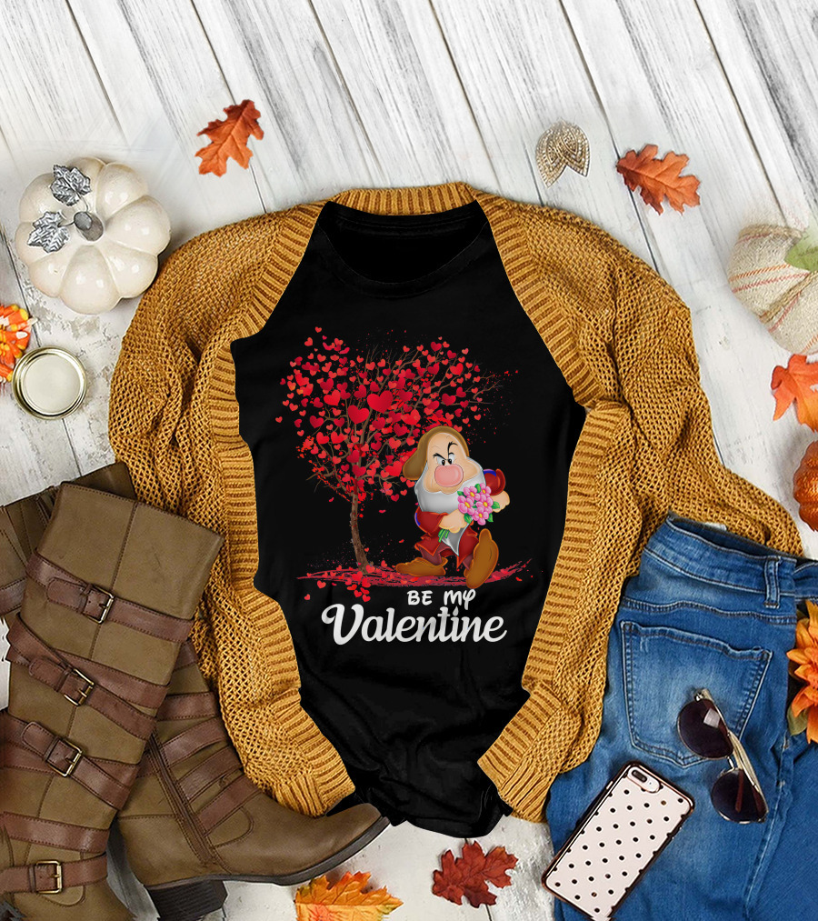 Be My Valentine Grumpy Character With Heart Tree And Flowers T-Shirt