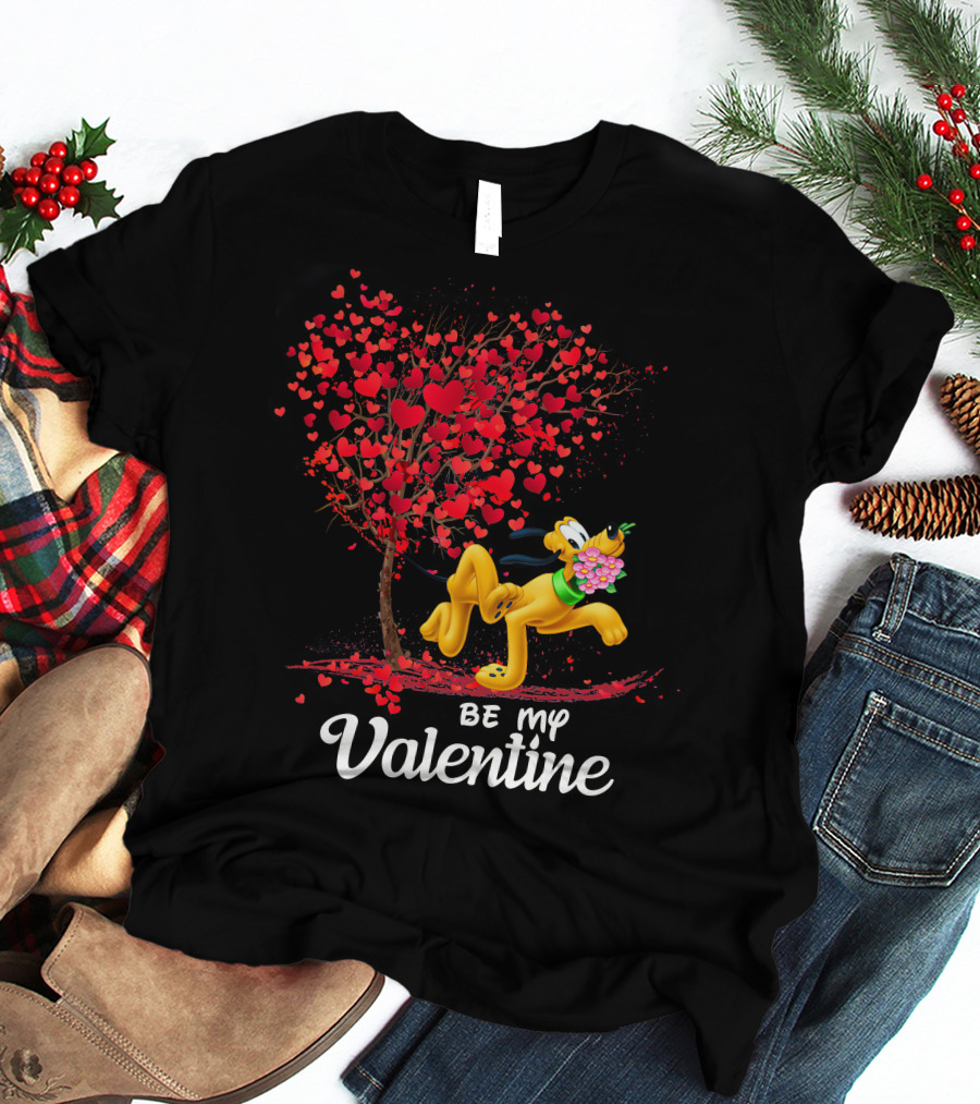 Be My Valentine Pluto With Heart Tree And Flowers T-Shirt