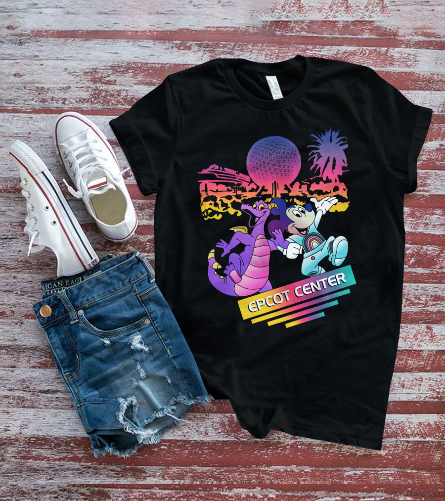 EPCOT CENTER Figment And Mickey Spaceship Earth Retro Spectrum Colors T-Shirt