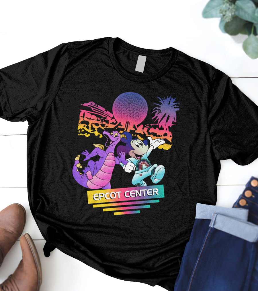 EPCOT CENTER Figment And Mickey Spaceship Earth Retro Spectrum Colors T-Shirt