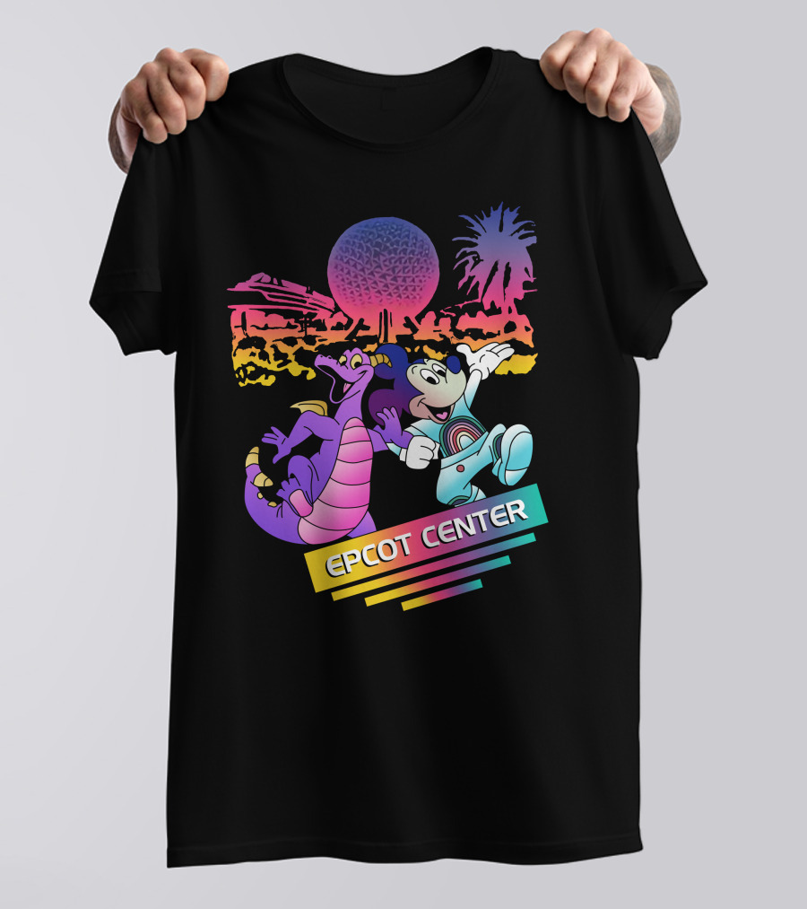 EPCOT CENTER Figment And Mickey Spaceship Earth Retro Spectrum Colors T-Shirt