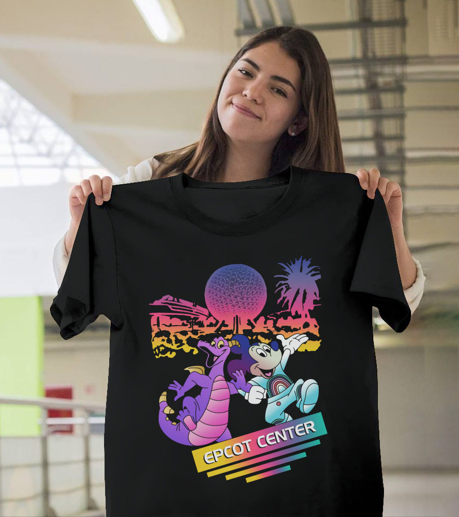 EPCOT CENTER Figment And Mickey Spaceship Earth Retro Spectrum Colors T-Shirt