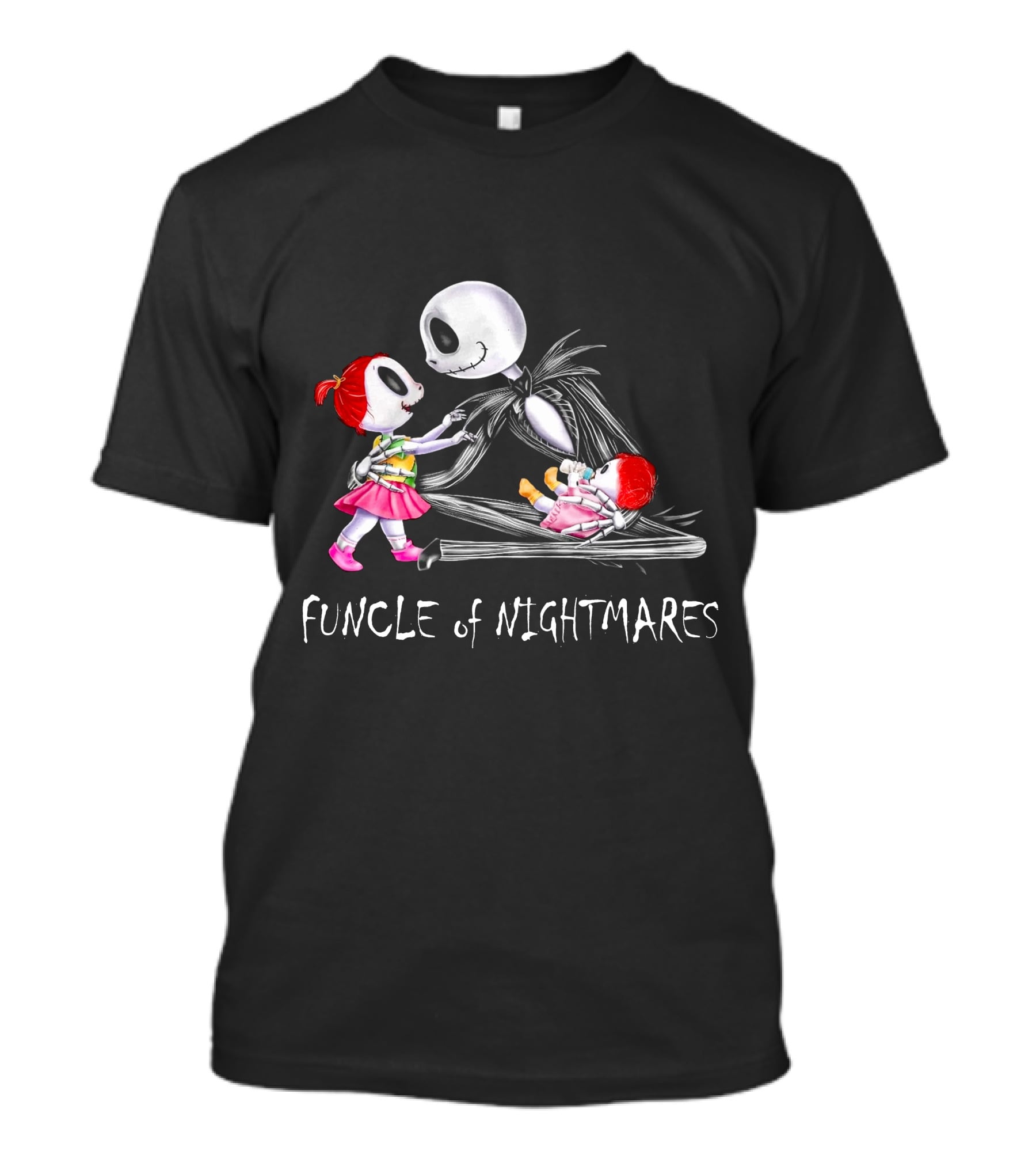 Funcle Of Nightmares With Two Girls And Skeleton Character T-Shirt