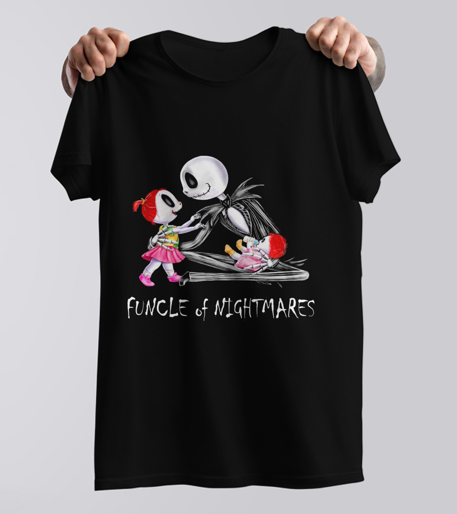 Funcle Of Nightmares With Two Girls And Skeleton Character T-Shirt