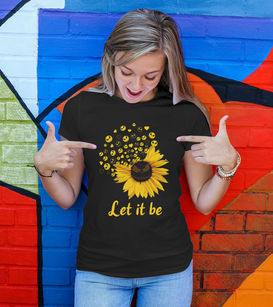 Jack Skellington Face Sunflower Let It Be Hearts Yellow Smiles T-Shirt