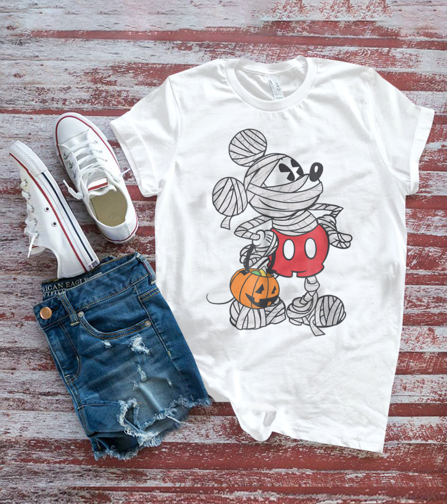 Mickey Mouse Mummy Wrapped With Pumpkin Bucket For Halloween T-Shirt