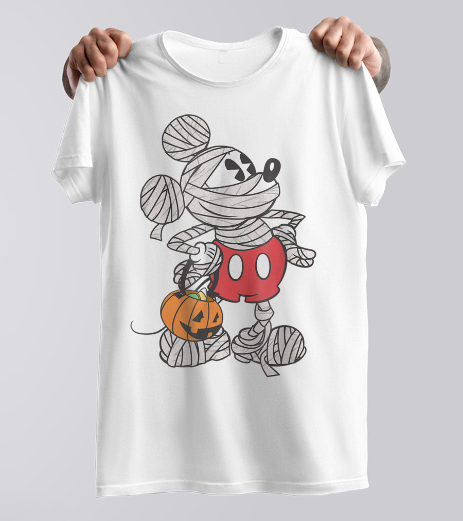 Mickey Mouse Mummy Wrapped With Pumpkin Bucket For Halloween T-Shirt