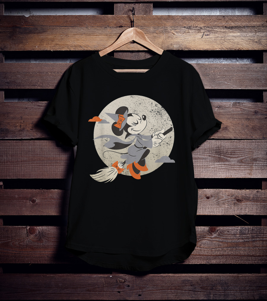 Minnie Mouse Disney Witch Flying On Broomstick Halloween Moon Scene T-Shirt