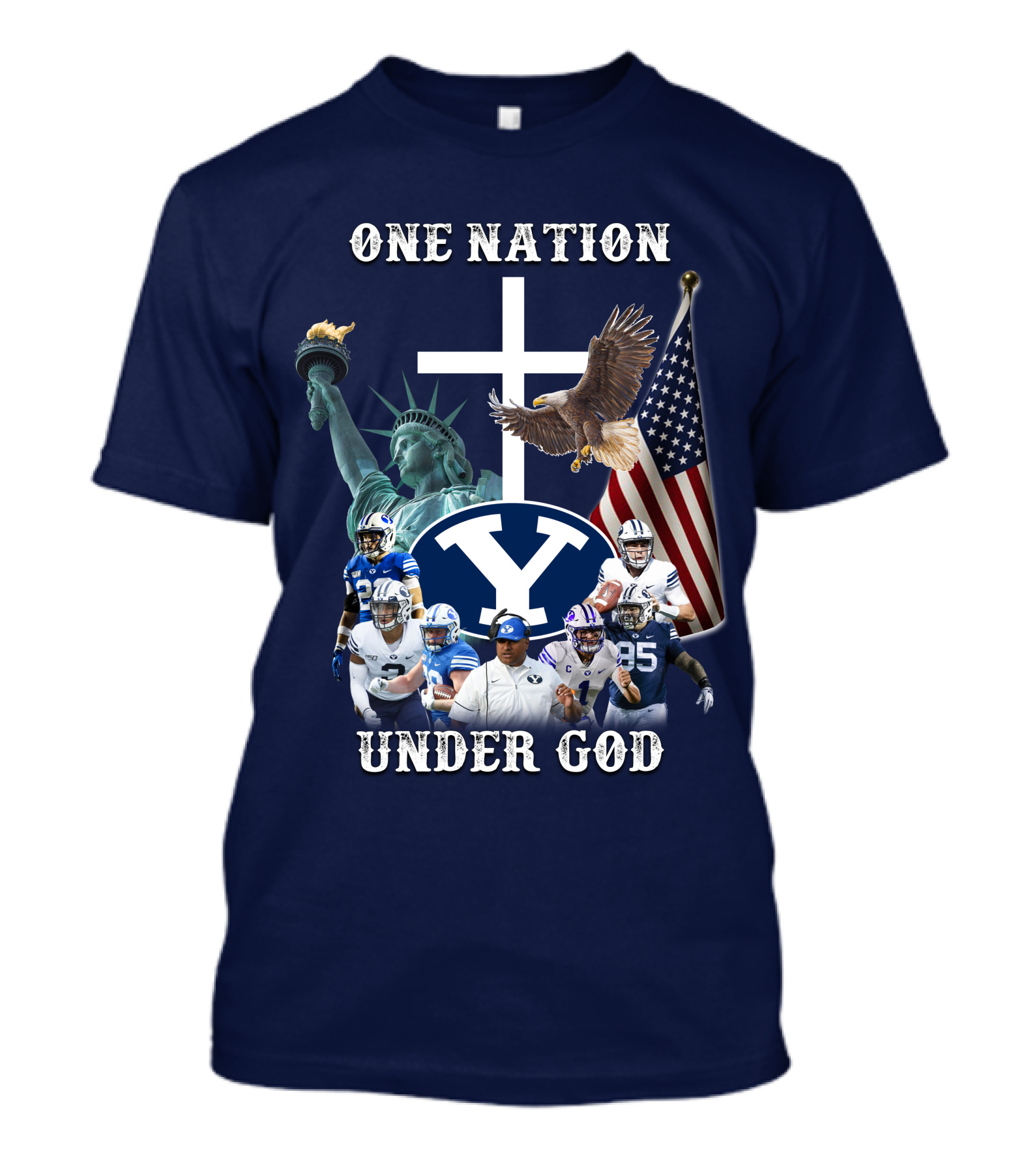 BYU One Nation Under God Coach Football Statue Liberty Cross Eagle Flag T-Shirt