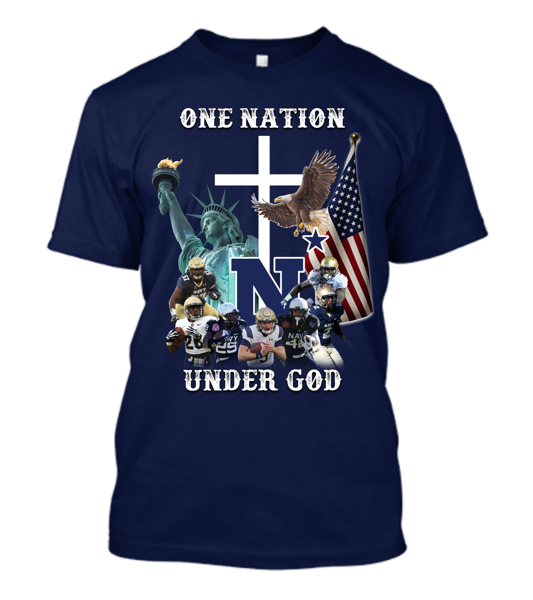 NM One Nation Under God Navy Football Statue Liberty American Flag Eagle T-Shirt