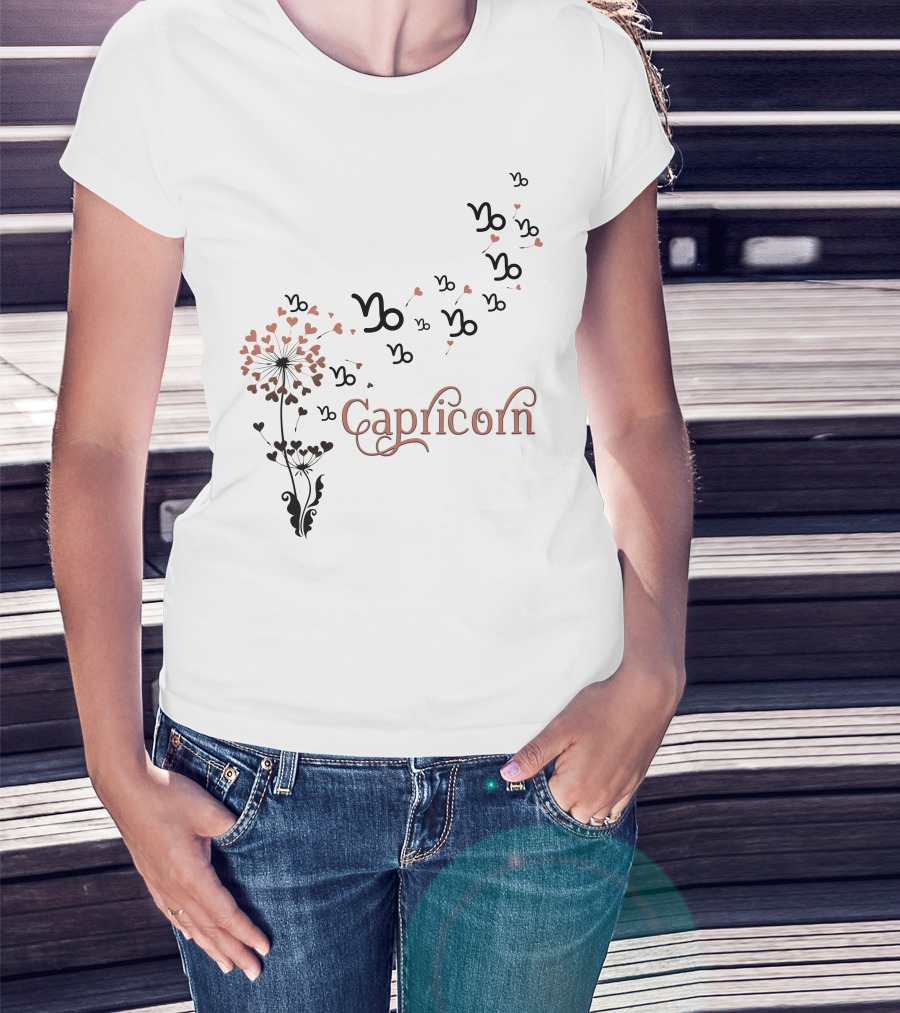 Capricorn Zodiac Sign With Heart Flower And Symbol Motif T-Shirt