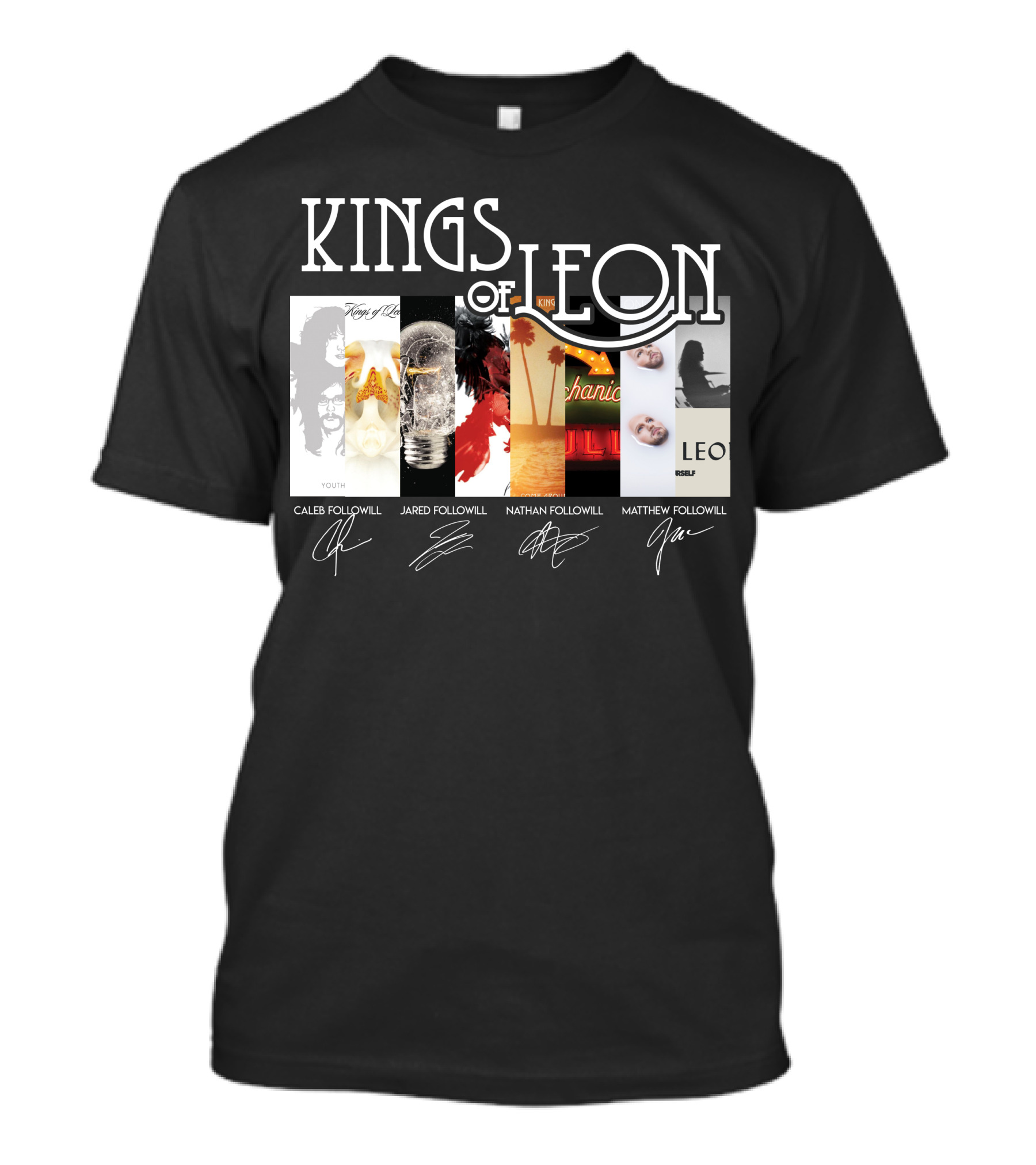Kings Of Leon Youth And Young Manhood Album Covers With Caleb Jared Nathan Matthew Followill Signatures T-Shirt