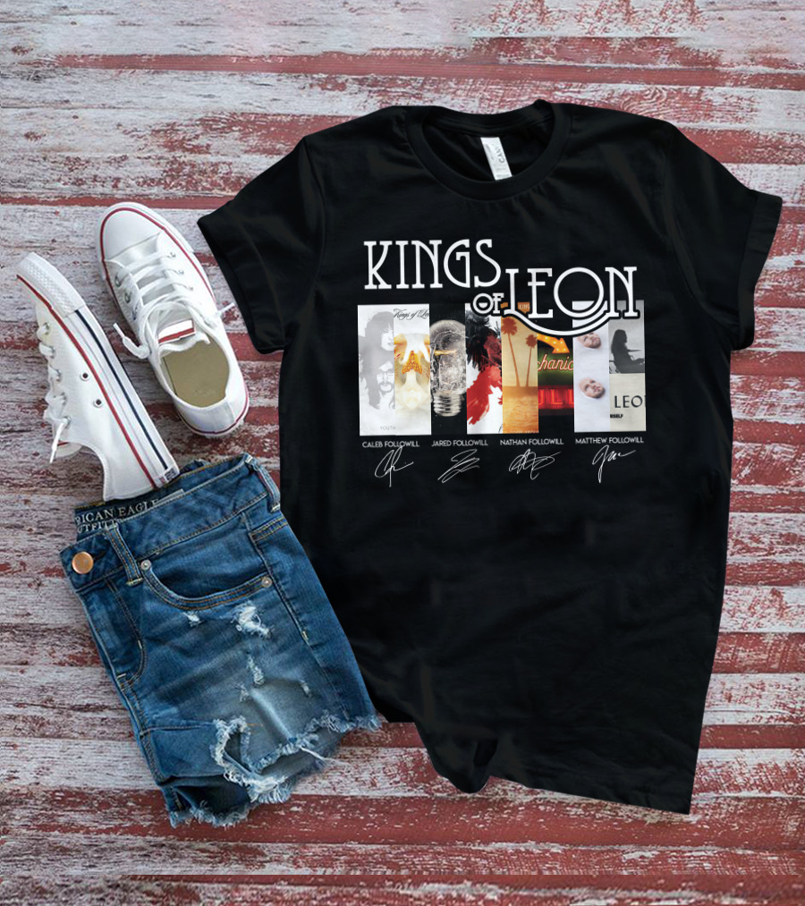 Kings Of Leon Youth And Young Manhood Album Covers With Caleb Jared Nathan Matthew Followill Signatures T-Shirt