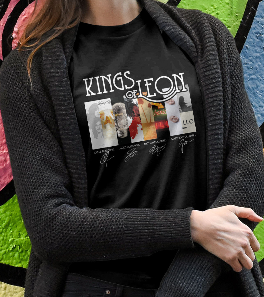 Kings Of Leon Youth And Young Manhood Album Covers With Caleb Jared Nathan Matthew Followill Signatures T-Shirt