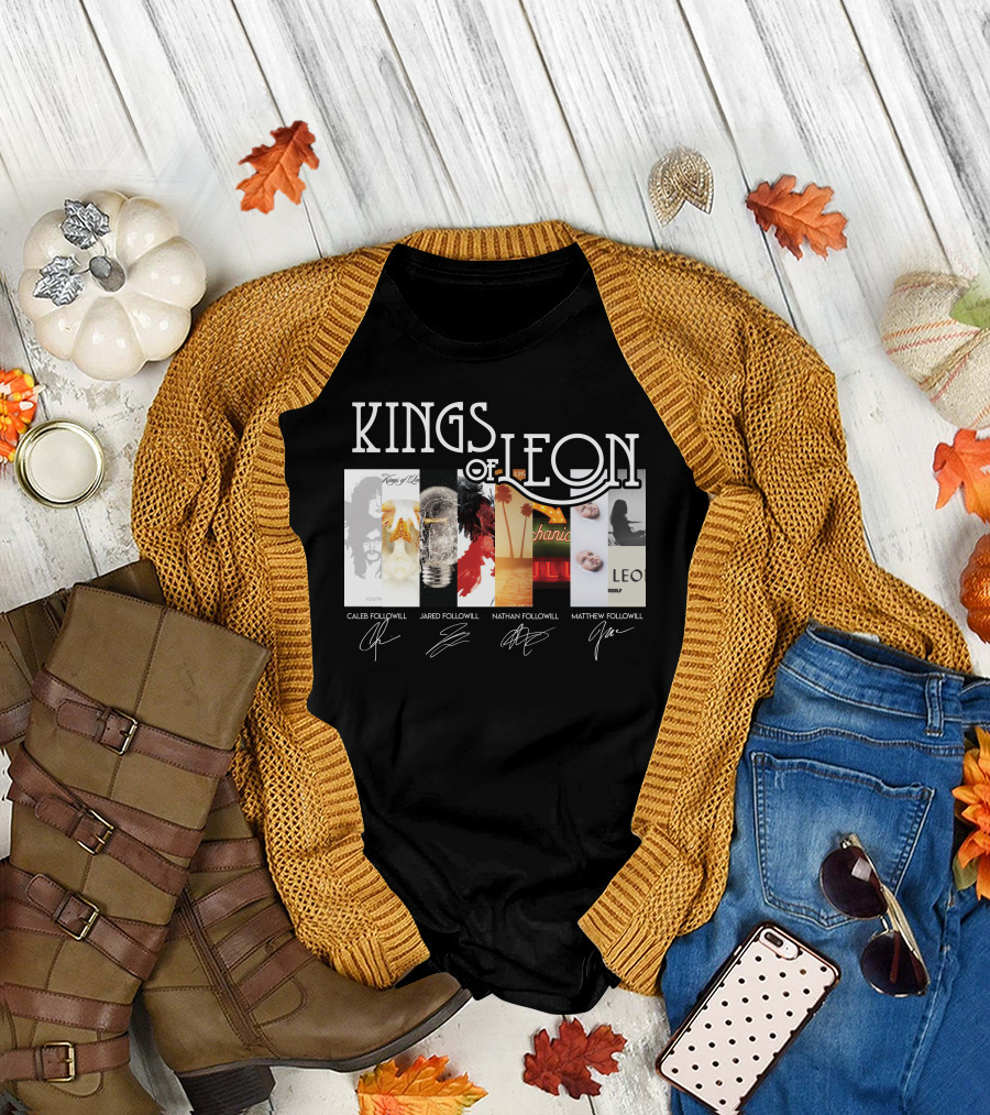 Kings Of Leon Youth And Young Manhood Album Covers With Caleb Jared Nathan Matthew Followill Signatures T-Shirt