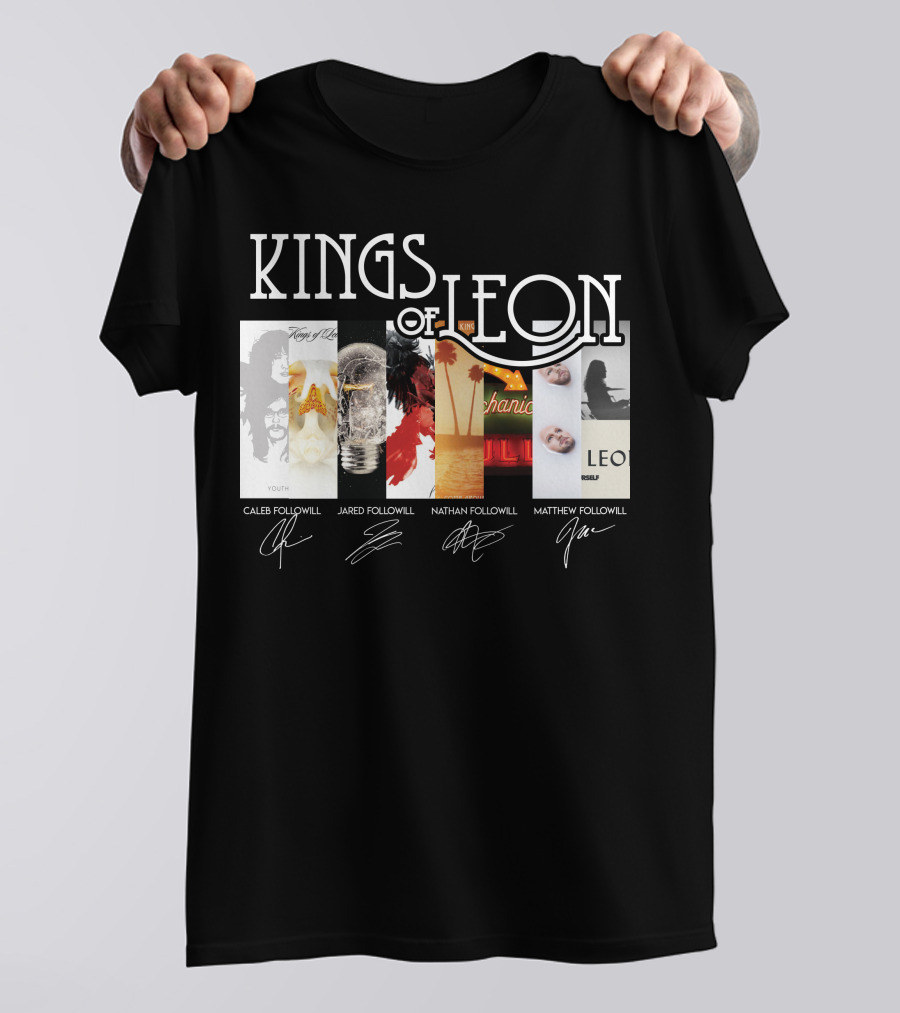 Kings Of Leon Youth And Young Manhood Album Covers With Caleb Jared Nathan Matthew Followill Signatures T-Shirt