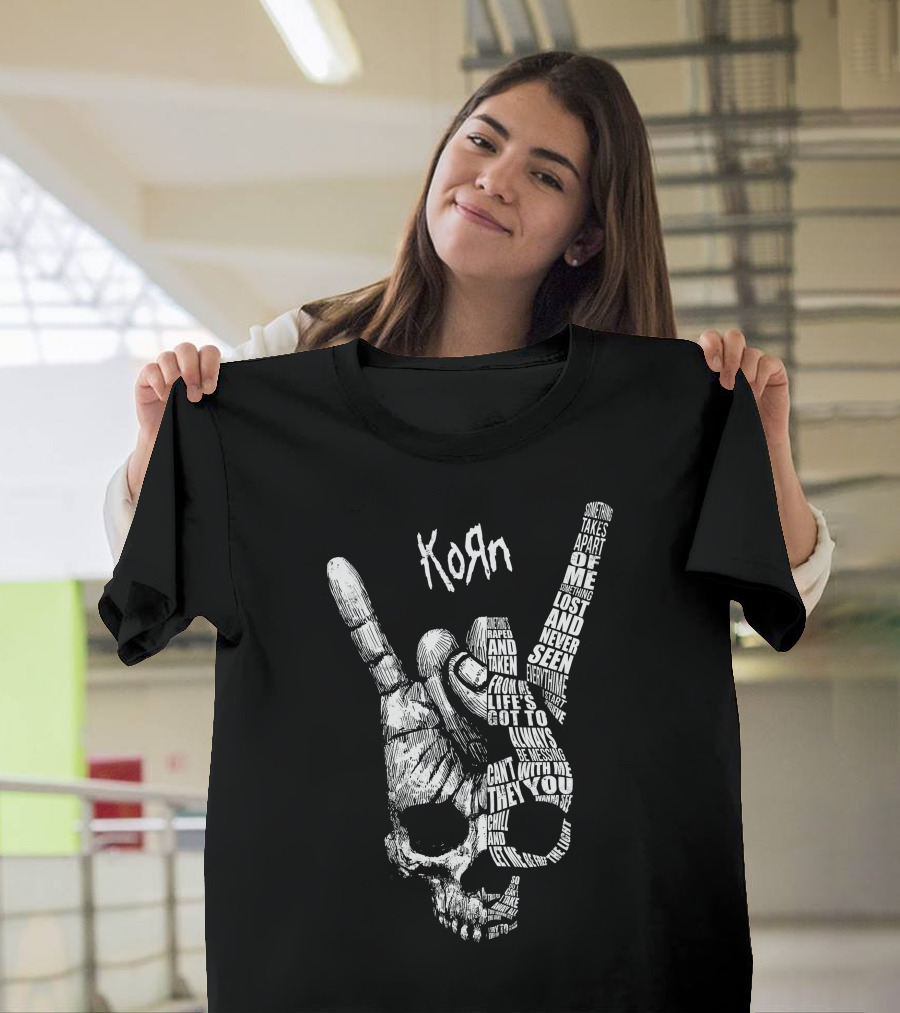 Korn Skull Hand Gesture With Text Phrases T-Shirt