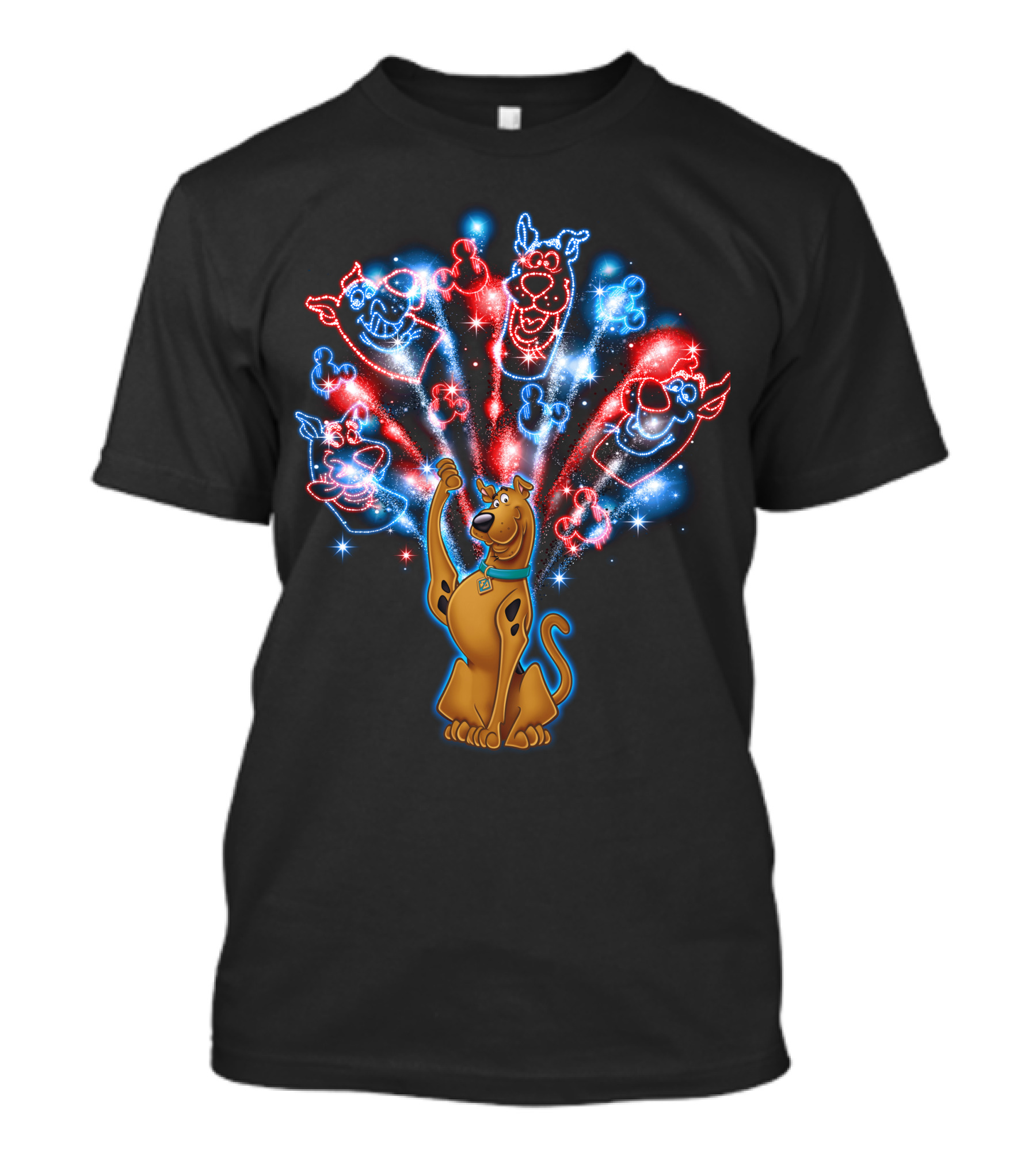 Scooby-Doo Fireworks Celebration Display With Colorful Firework Outlines T-Shirt