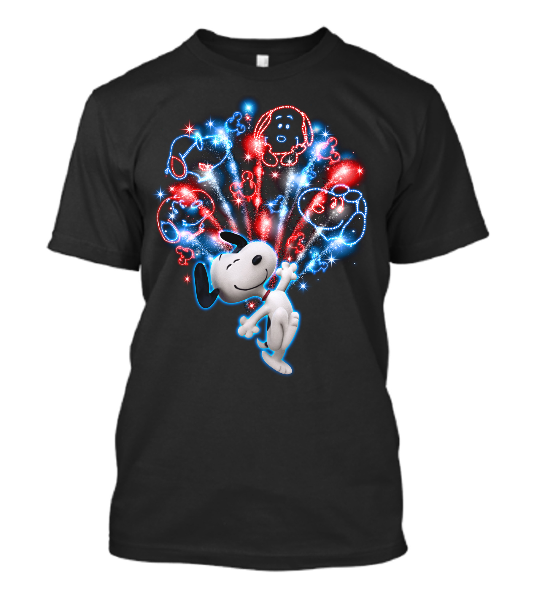 Snoopy Firework Celebration With Peanuts Characters In Red And Blue T-Shirt