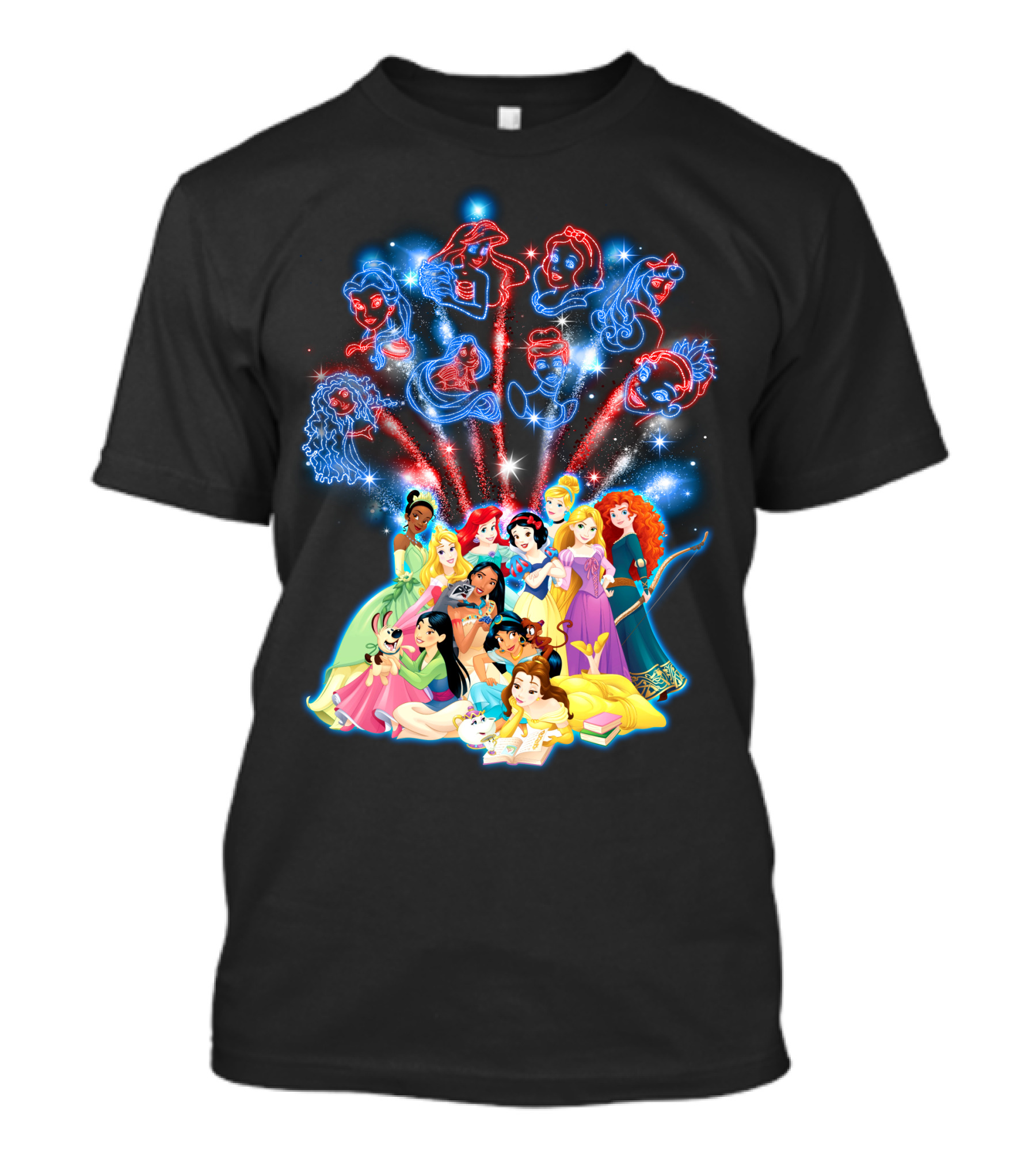 Disney Princess Characters And Fireworks T-Shirt