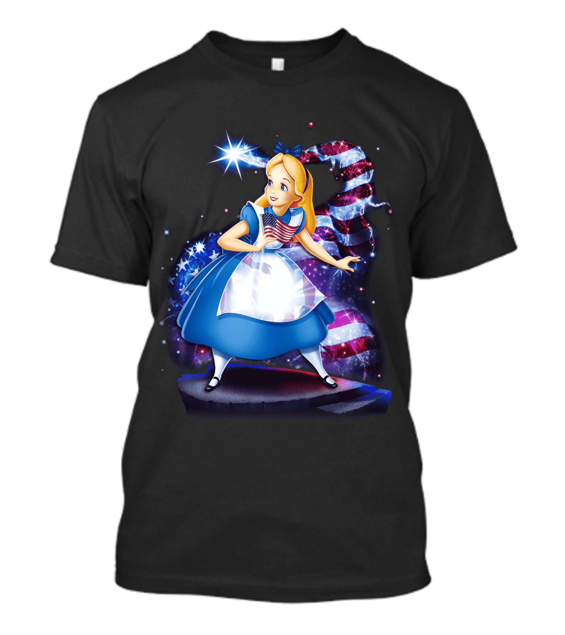 Alice Holding American Flag In Wonderland With Stars And Stripes Background T-Shirt