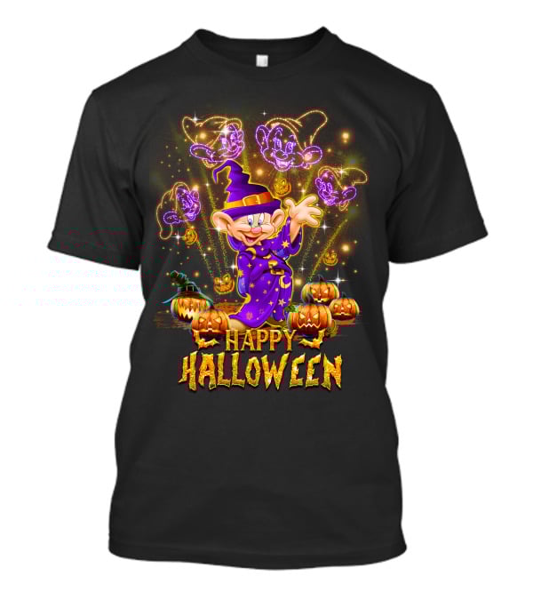 Happy Halloween Dopey In Wizard Hat With Fireworks And Pumpkins T-Shirt