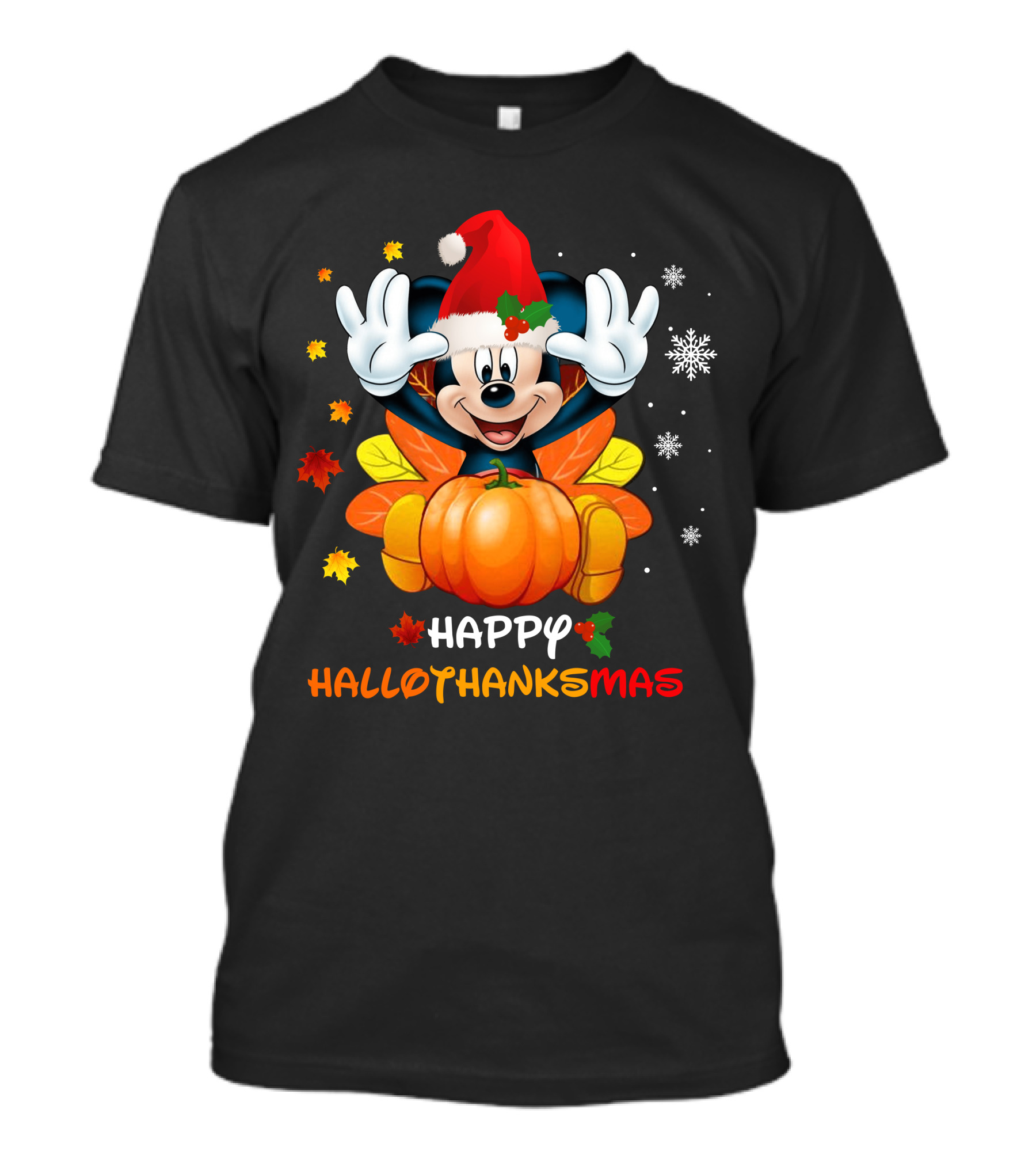 Happy Mickey Hallothankmas Pumpkin Snowflakes Leaves Santa Hat T-Shirt