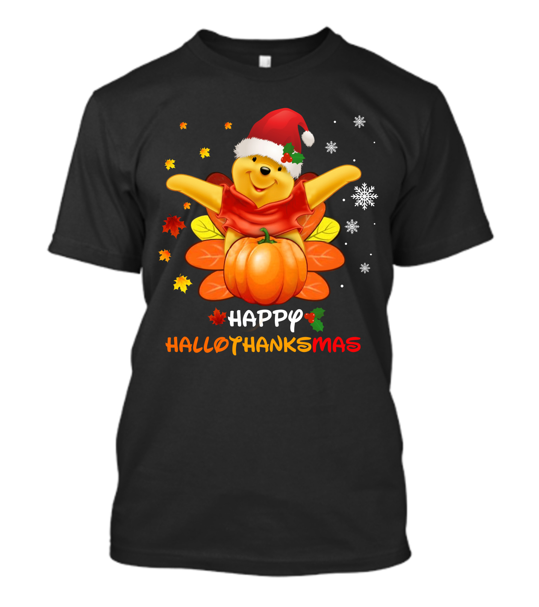 Happy Hallothankmas Pooh Pumpkin Santa Hat T-Shirt