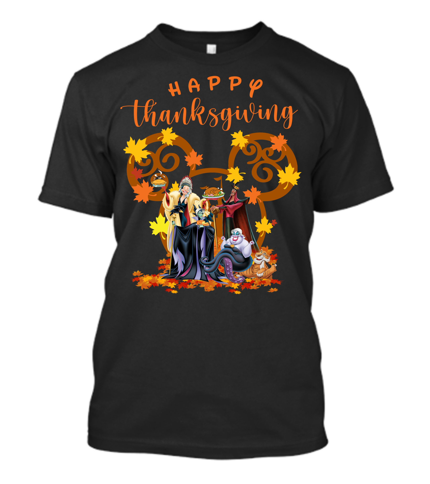 Happy Thanksgiving Disney Villains With Mickey Mouse Leaf Background T-Shirt