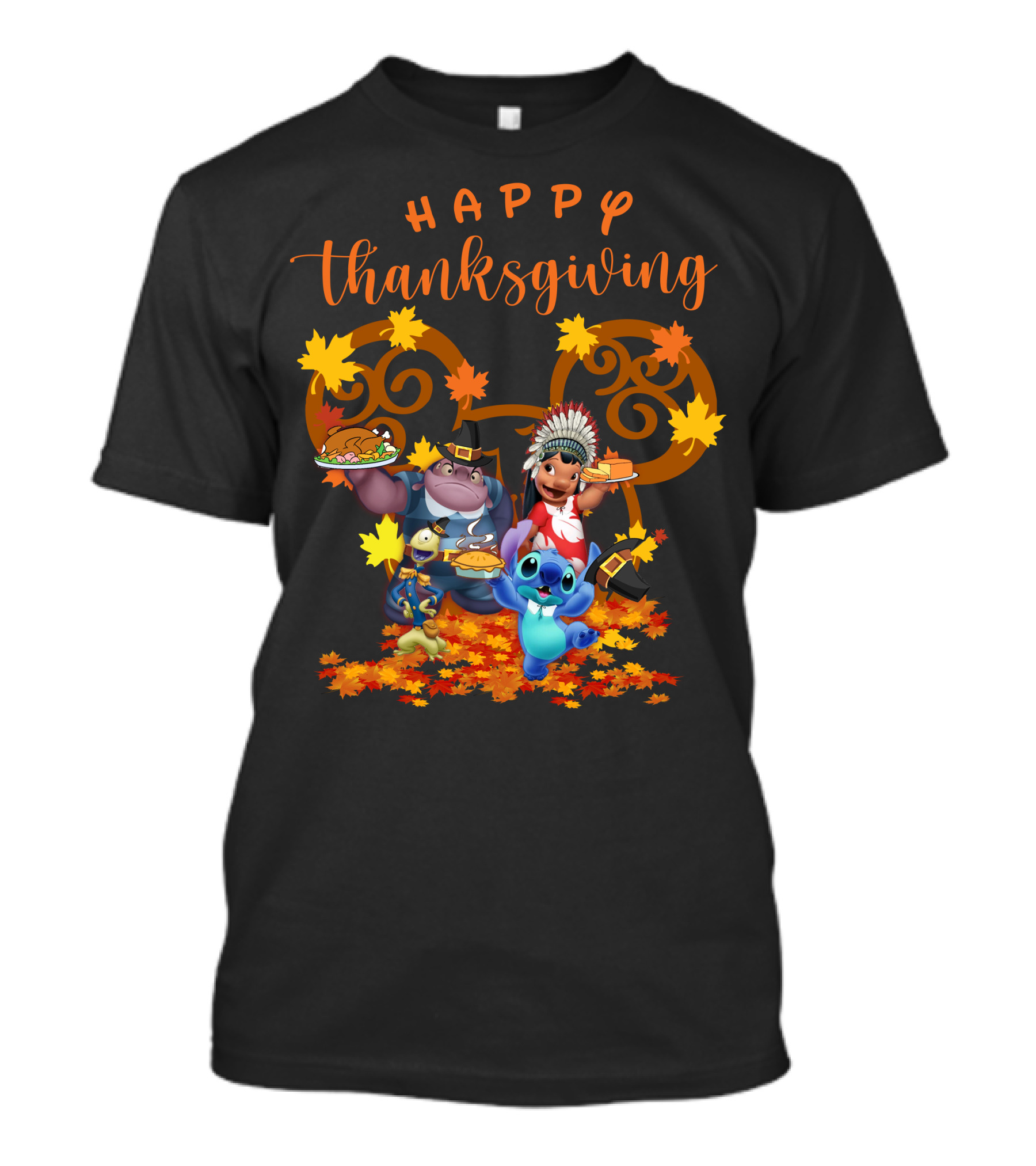 Lilo And Stitch Happy Thanksgiving With Characters And Autumn Leaves T-Shirt