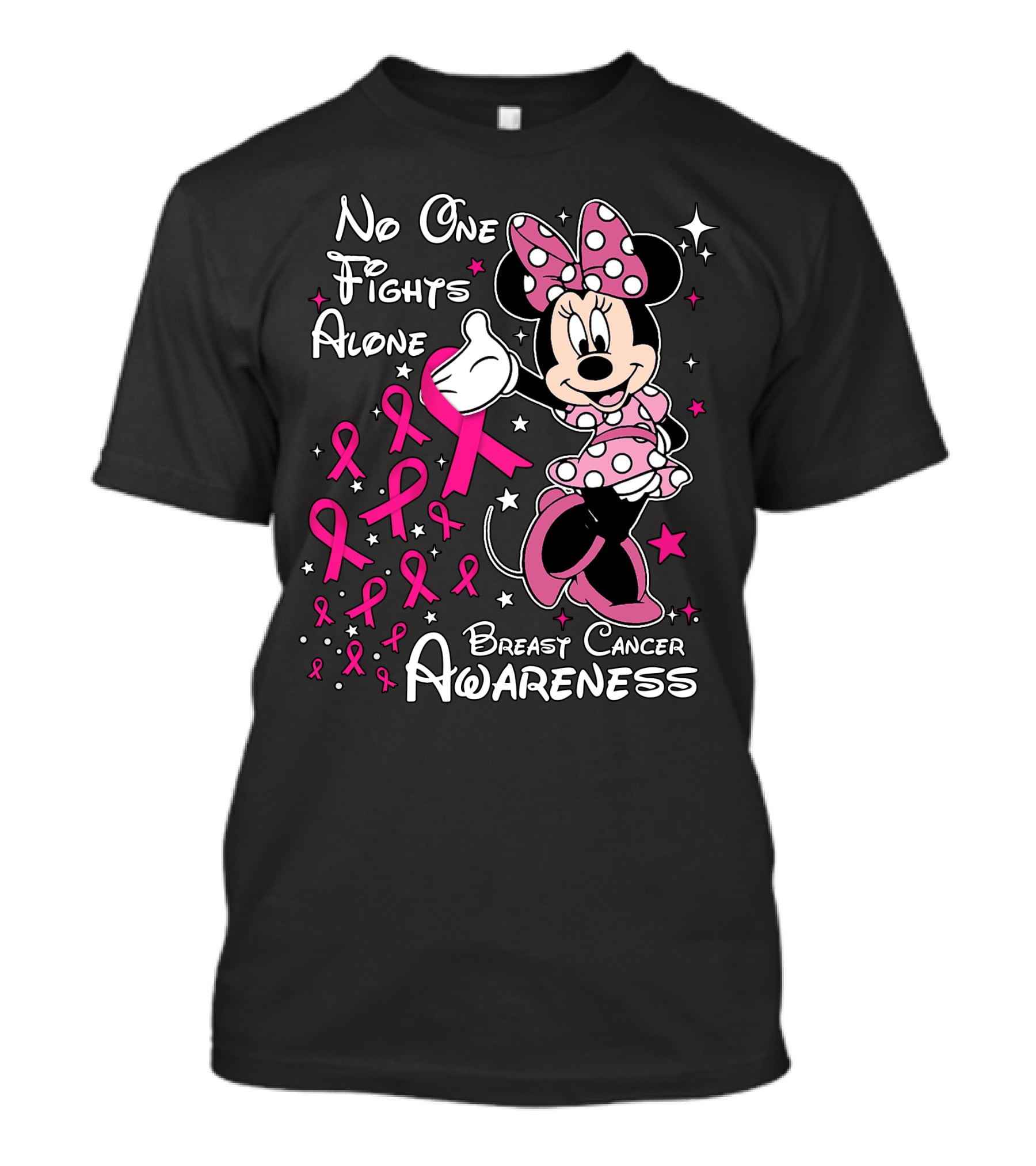No One Fights Alone Breast Cancer Awareness Minnie Mouse Pink T-Shirt