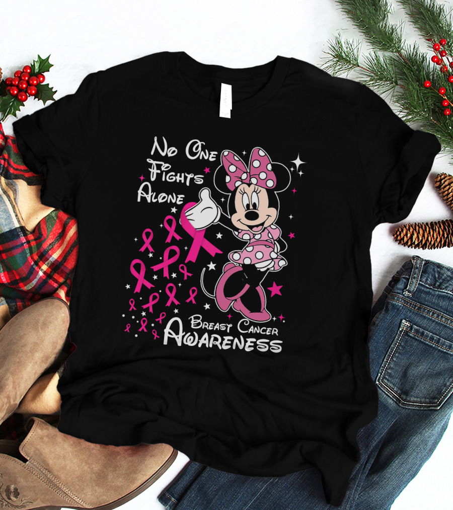 No One Fights Alone Breast Cancer Awareness Minnie Mouse Pink T-Shirt