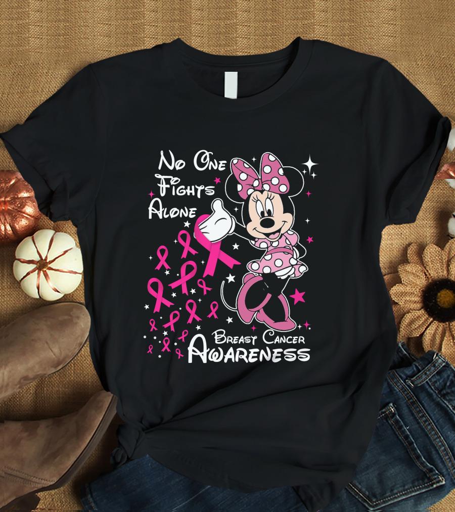 No One Fights Alone Breast Cancer Awareness Minnie Mouse Pink T-Shirt