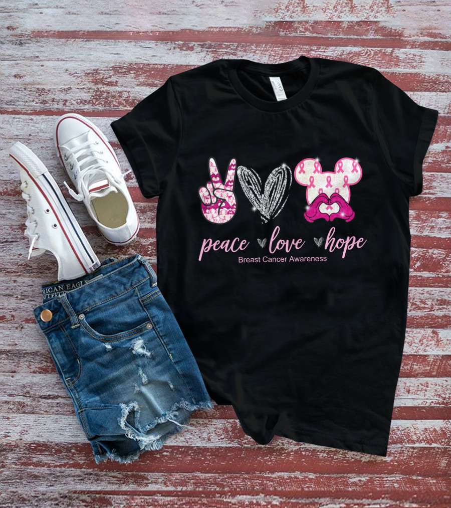Peace Love Hope Breast Cancer Awareness Pink Ribbon Mickey T-Shirt