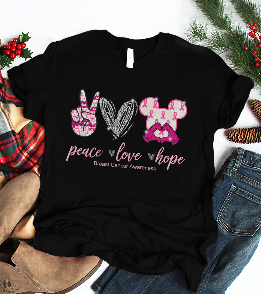 Peace Love Hope Breast Cancer Awareness Pink Ribbon Mickey T-Shirt