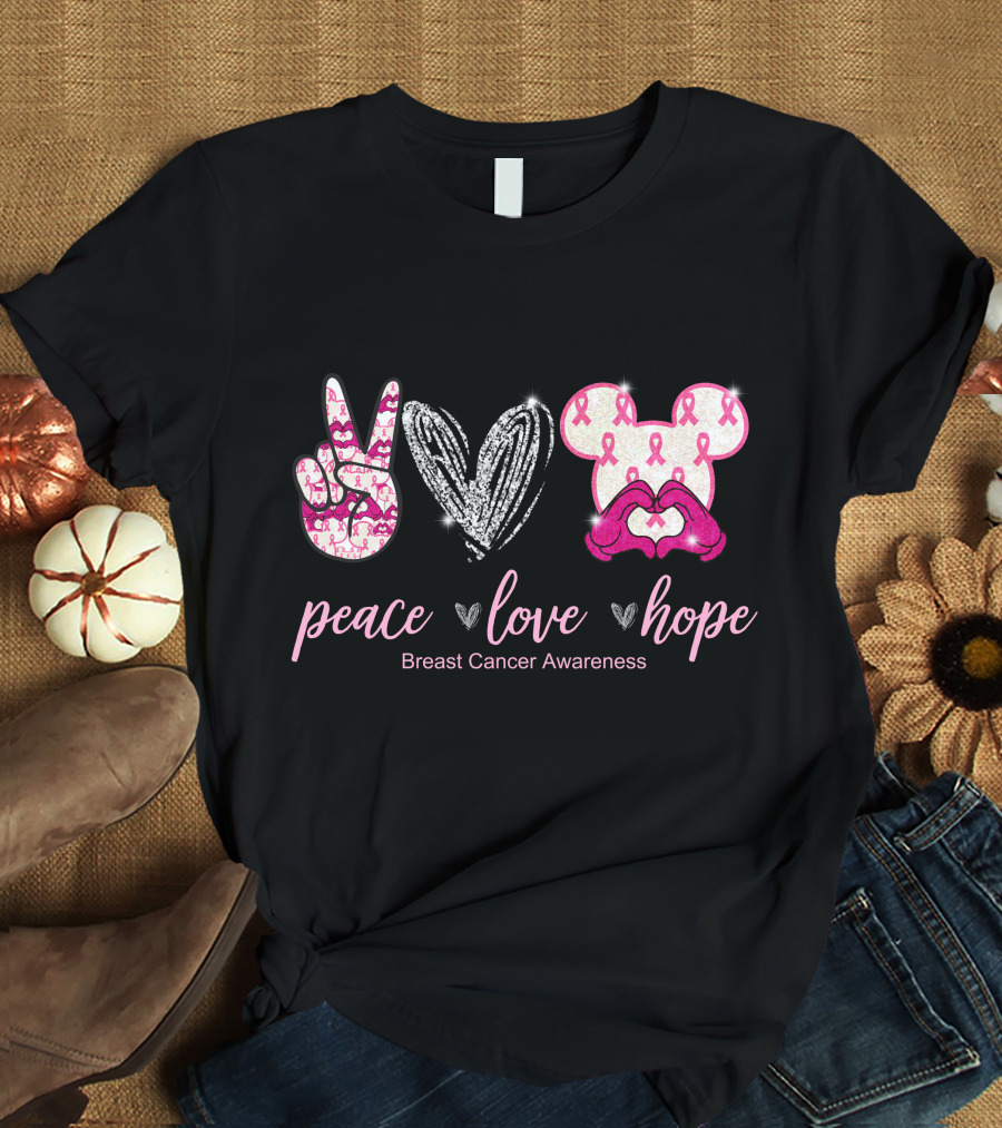 Peace Love Hope Breast Cancer Awareness Pink Ribbon Mickey T-Shirt