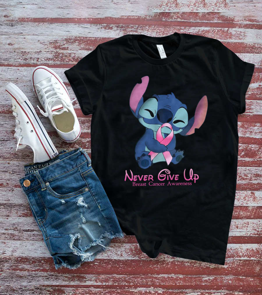 Never Give Up Breast Cancer Awareness Stitch Embrace T-Shirt