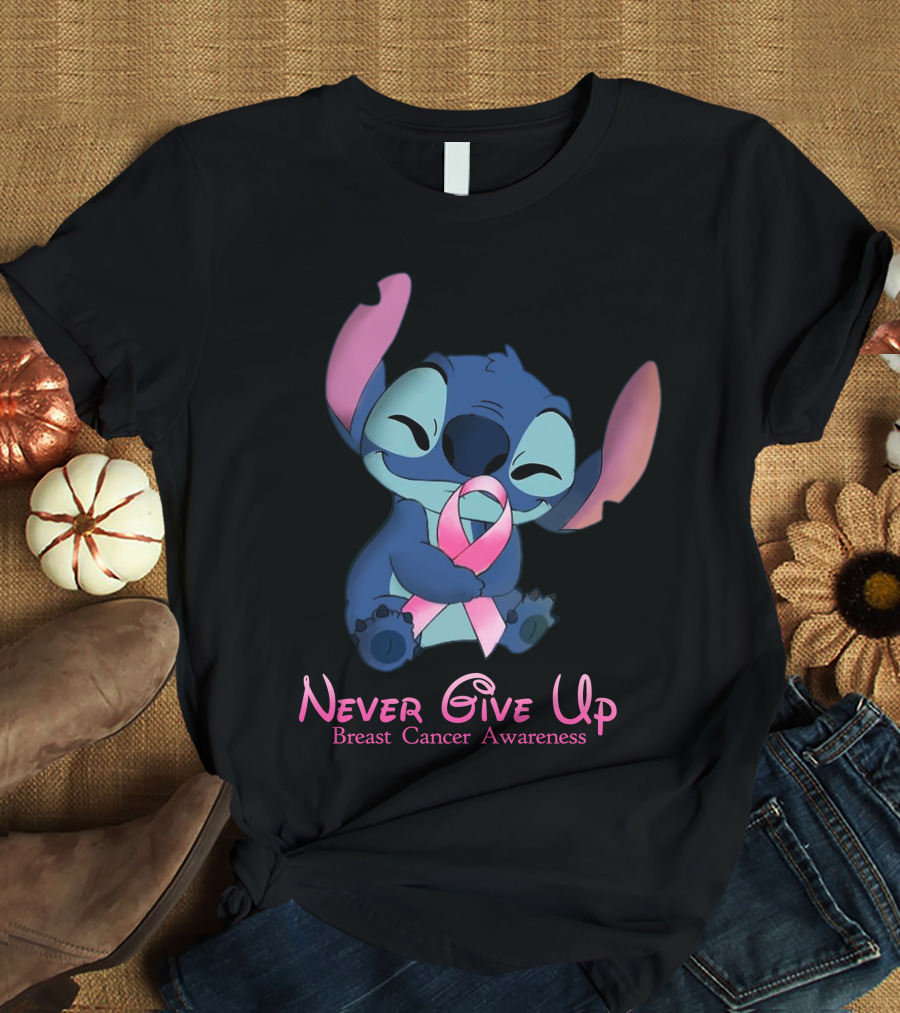 Never Give Up Breast Cancer Awareness Stitch Embrace T-Shirt