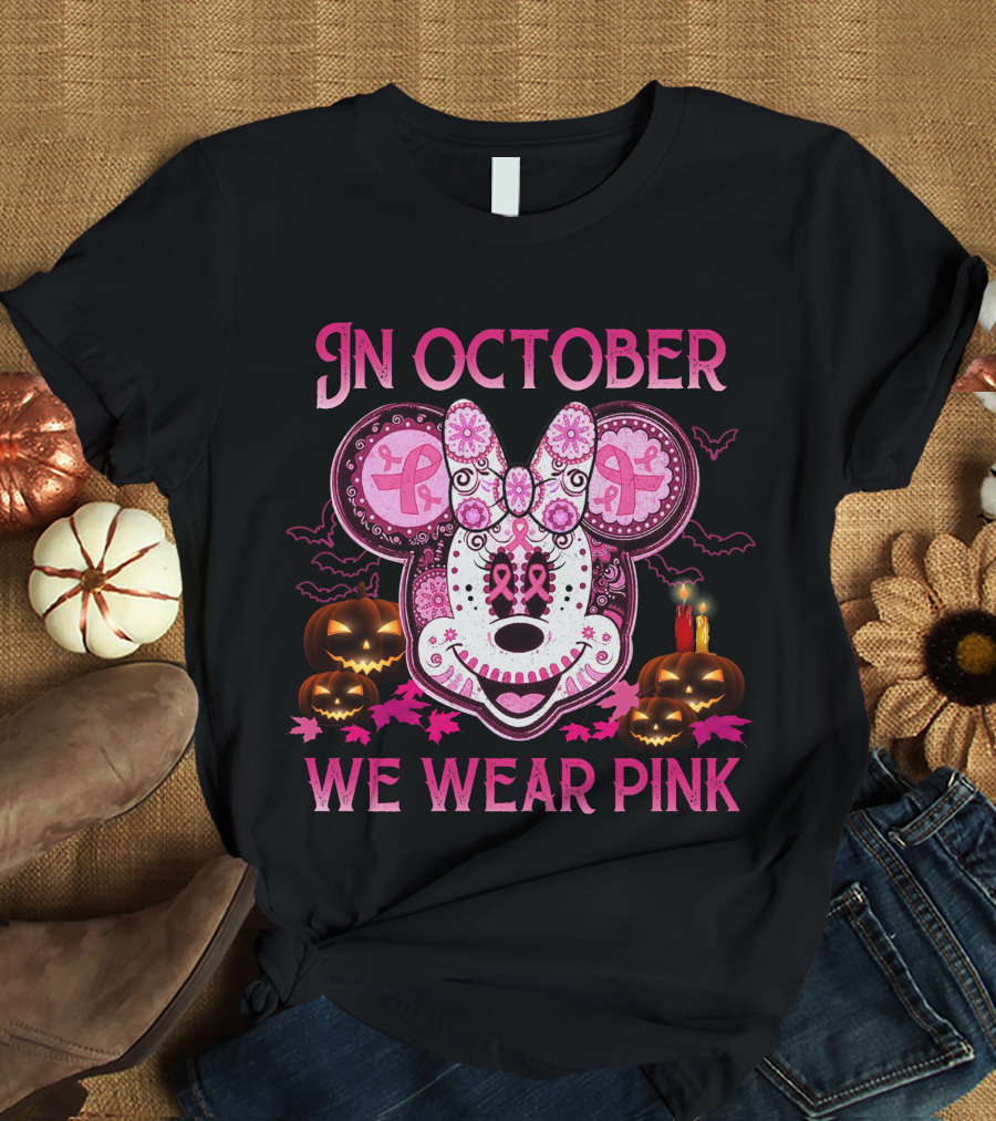 In October We Wear Pink Minnie Mouse Breast Cancer Awareness Halloween T-Shirt